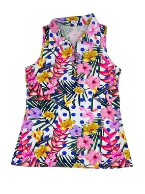 Tzu Tzu Allie Quarter Zip Polo Tank Top Size Small Colorful Tropical Floral Golf